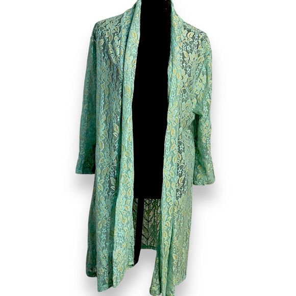 Eve & Maddie Cardigan Sweater Women's Large Turquoise Blue Gold Lace Boho Casual - Picture 2 of 15